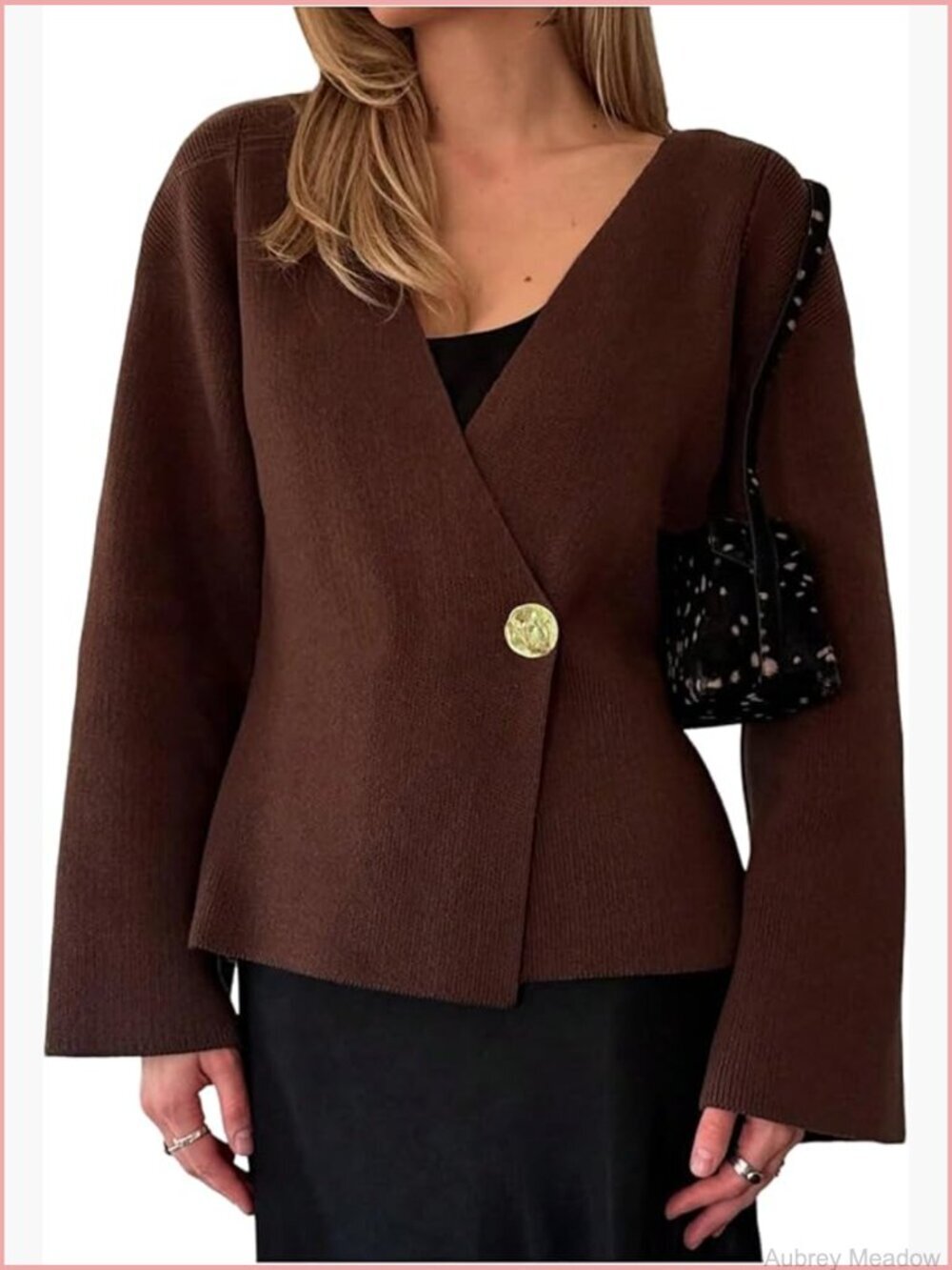 V Neck Gold Button Cardigan Bell Sleeve Dressy Sweater